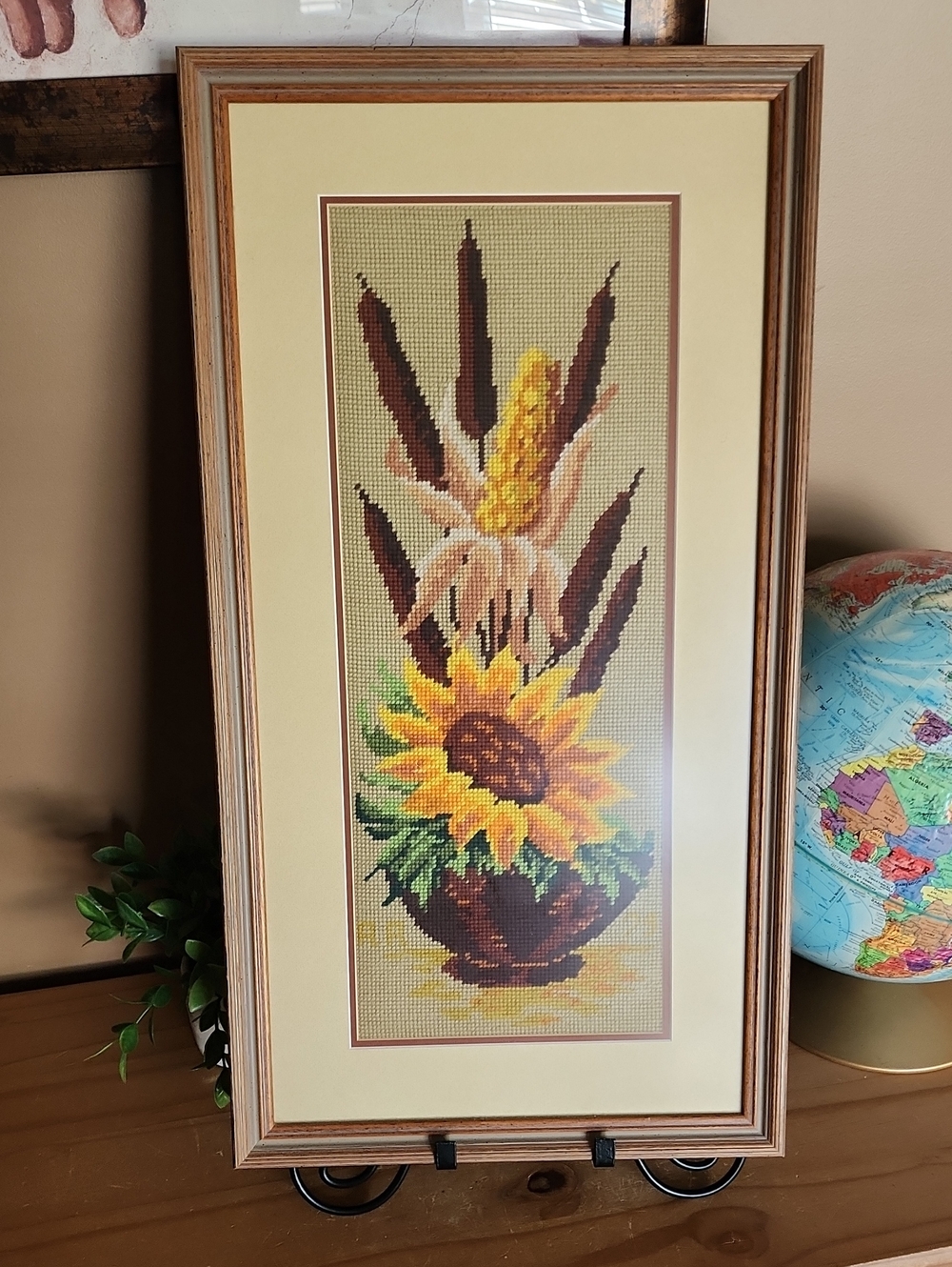 Vintage 1979 Framed Cross-Stitch Sunflower Wall Art